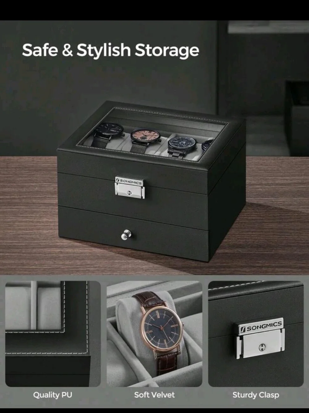 Men's Black Watch Storage Box with Glass Lid